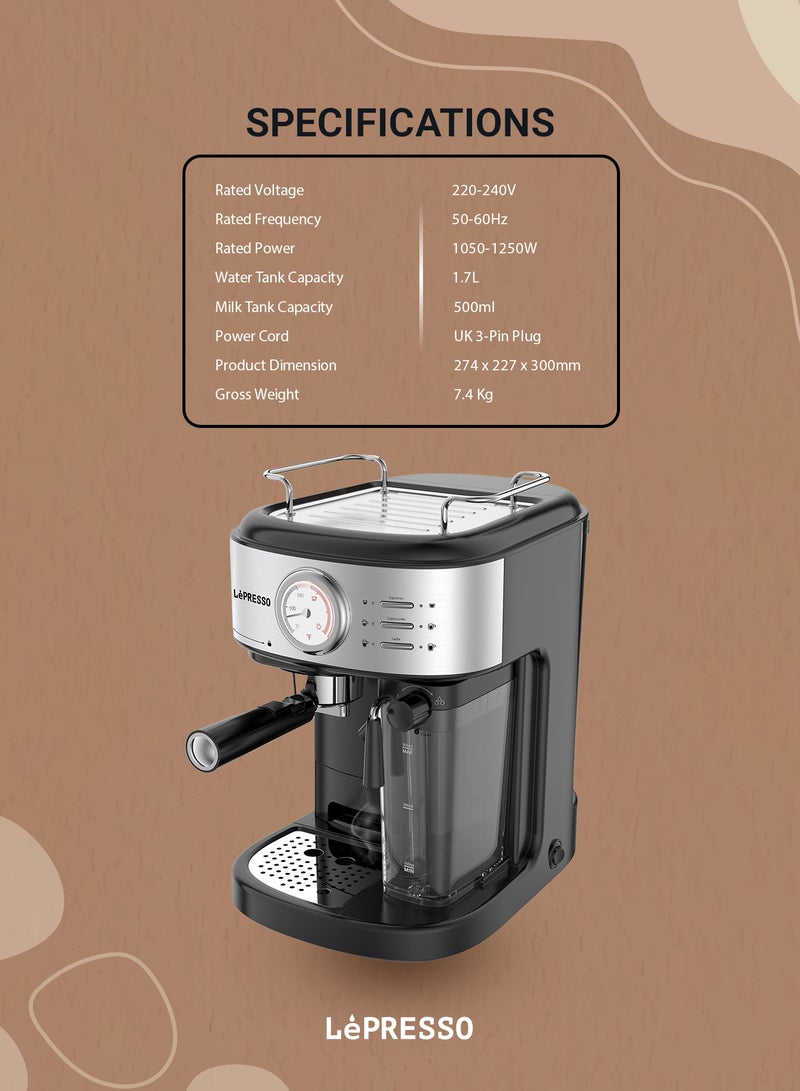 LePRESSO Barista Espresso Coffee Machine with Milk Frother 20 Bar Powerful Pressure Pump with Capsule Filter and Funnel Coffee Maker/ Espresso Machine 1250W- Black - Image 4