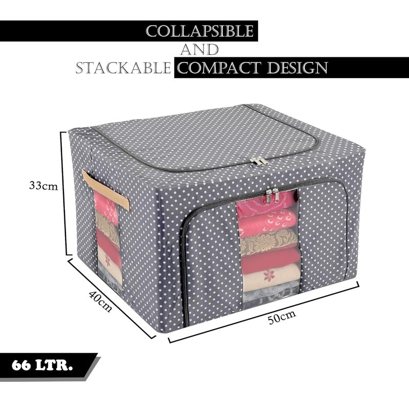 Urbane Home Urbane Home Pack of 8 Clothes Storage Box 66 Liter Wardrobe Organizer Waterproof Underbed Storage Box for Blankets Parachute Steel Frame Drawer Organizer Dot Print Grey  - Image 3