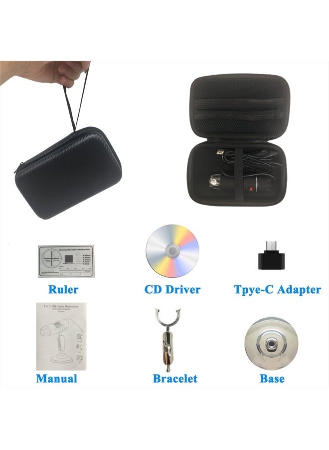 Original 40-1000X USB Microscope with Portable Carrying Case, Digital Magnification Endoscope Camera 8 LEDs Metal Base for Micro USB USB-C Android, Windows Mac Linux Chrome
