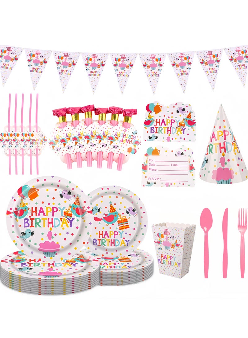Balloon World 98 Piece Birthday Party Dinnerware Set, Disposable Tableware Set Including Paper Plates, Knives, Forks, Spoons,  Straws, Popcorn Boxes, Pennant, Invitation Cards, Blowing Dragon,  Paper Hats Birthday Party Supplies For 10 Guests - Image 1