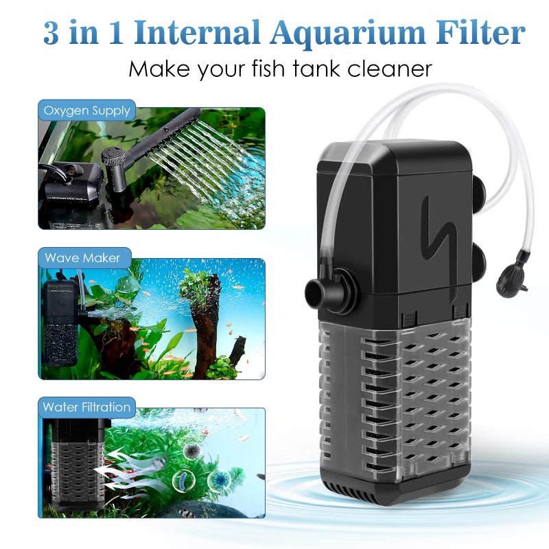 AQQA Aquarium Filter, Submersible Power Fish Tank Filter with Rainwater Aerator System Adjustable Water Flow Design, Ultra Silent Biochemical Sponge Filtration Up to Fish Tank 50 Gallon (6W-158GPH) - Image 3