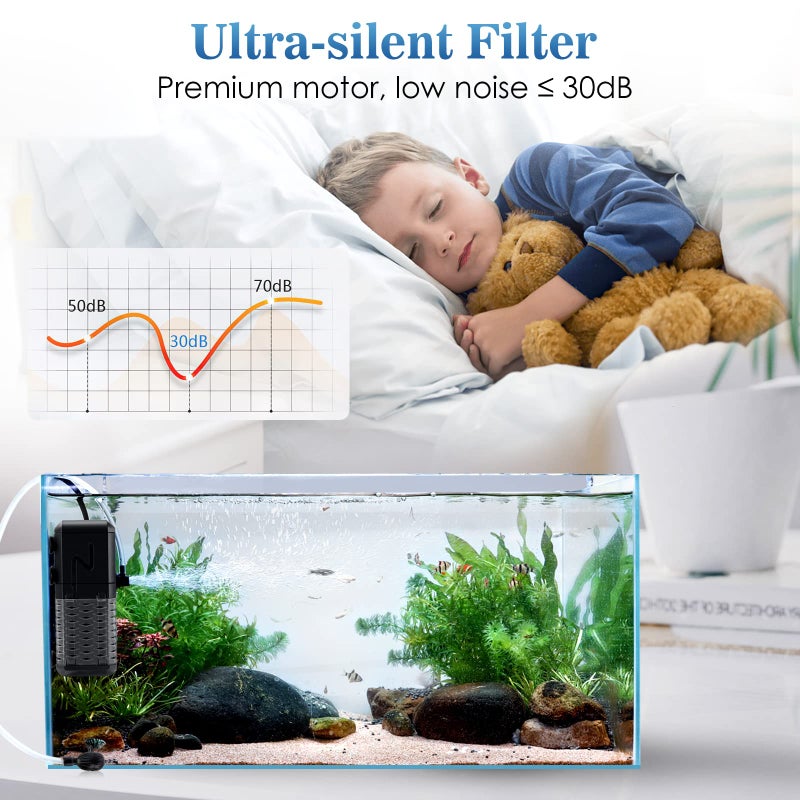 AQQA Aquarium Filter, Submersible Power Fish Tank Filter with Rainwater Aerator System Adjustable Water Flow Design, Ultra Silent Biochemical Sponge Filtration Up to Fish Tank 50 Gallon (6W-158GPH) - Image 5