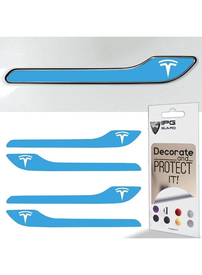 IPG for Tesla Model 3 / Model Y Door Handle Decal Sticker Wrap Kit (Set of 4) with Tesla Logo (Gloss Light Blue) - Image 2