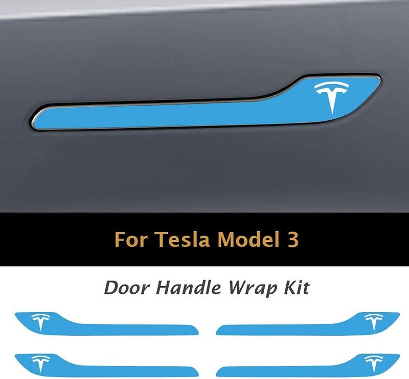 IPG for Tesla Model 3 / Model Y Door Handle Decal Sticker Wrap Kit (Set of 4) with Tesla Logo (Gloss Light Blue) - Image 3