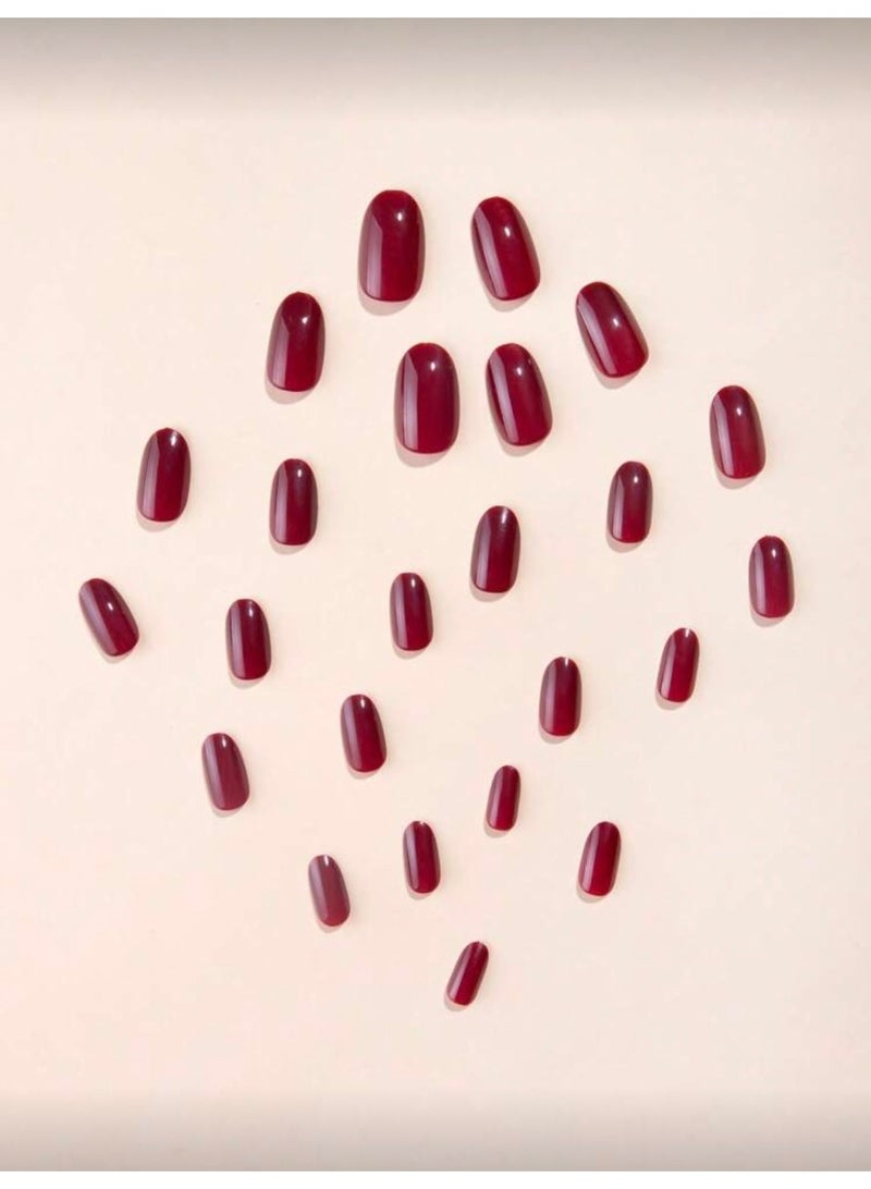 KI Long Burgundy Press-On Nail Set With Adhesive And Buffer – 24 Pieces - Image 3