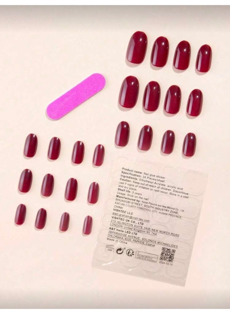 KI Long Burgundy Press-On Nail Set With Adhesive And Buffer – 24 Pieces - Image 4