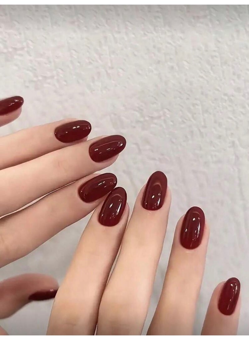 KI Long Burgundy Press-On Nail Set With Adhesive And Buffer – 24 Pieces - Image 1