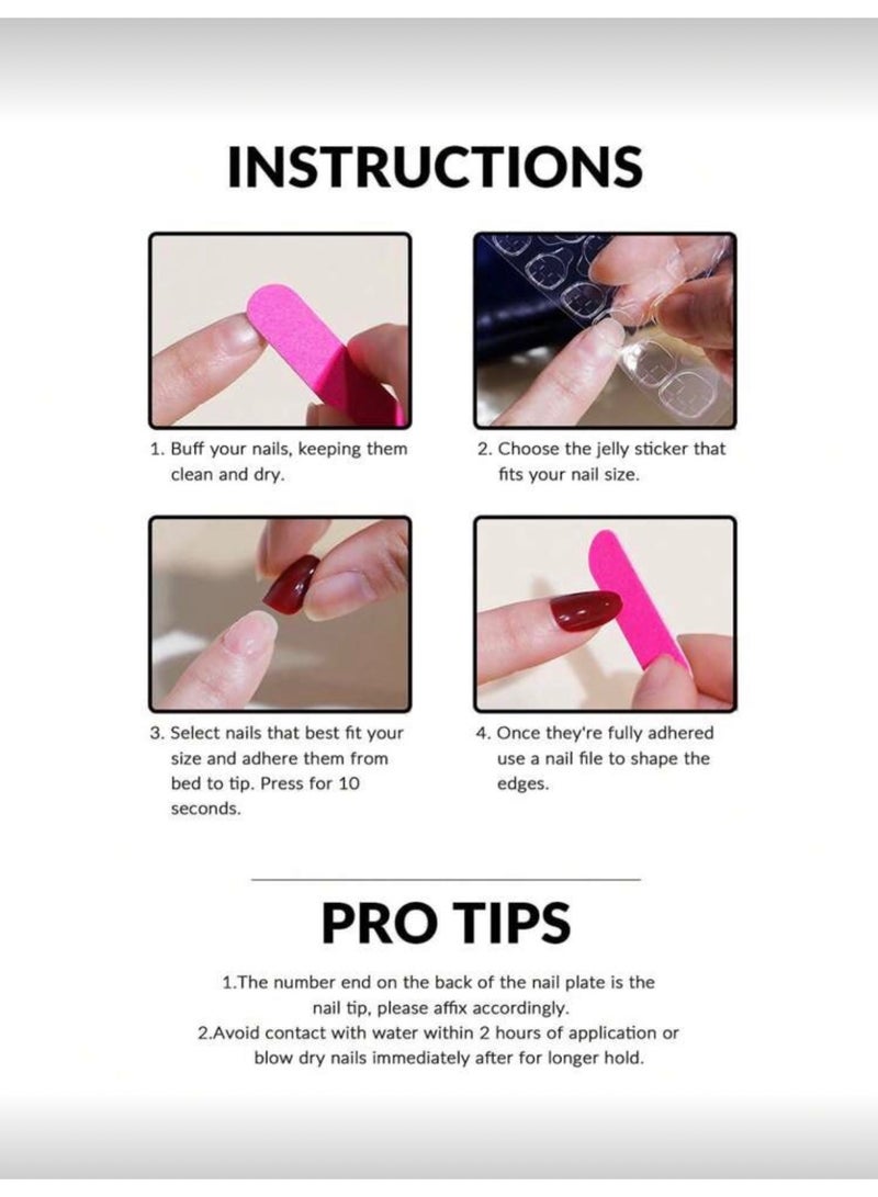 KI Long Burgundy Press-On Nail Set With Adhesive And Buffer – 24 Pieces - Image 5