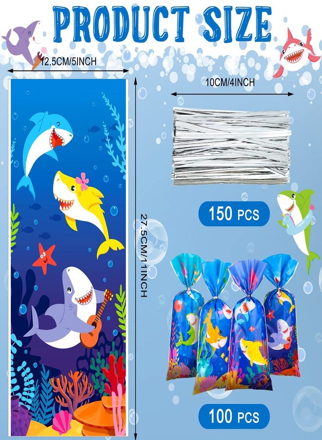 Hotop 100 Pcs Shark Candy Bags Shark Treat Goodie Bags Cute Blue Plastic Cellophane Gift with 150 Ties for Boys Birthday Baby Shower Sea Ocean Animal Themed Party Decoration Candy Cookie Packaging - Image 2