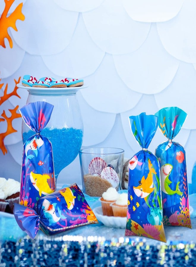 Hotop 100 Pcs Shark Candy Bags Shark Treat Goodie Bags Cute Blue Plastic Cellophane Gift with 150 Ties for Boys Birthday Baby Shower Sea Ocean Animal Themed Party Decoration Candy Cookie Packaging - Image 4