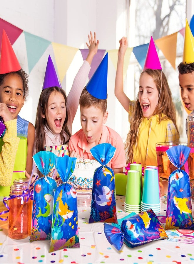 Hotop 100 Pcs Shark Candy Bags Shark Treat Goodie Bags Cute Blue Plastic Cellophane Gift with 150 Ties for Boys Birthday Baby Shower Sea Ocean Animal Themed Party Decoration Candy Cookie Packaging - Image 3