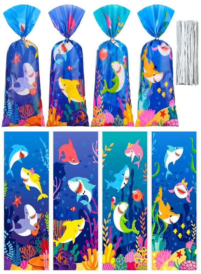 Hotop 100 Pcs Shark Candy Bags Shark Treat Goodie Bags Cute Blue Plastic Cellophane Gift with 150 Ties for Boys Birthday Baby Shower Sea Ocean Animal Themed Party Decoration Candy Cookie Packaging - Image 1