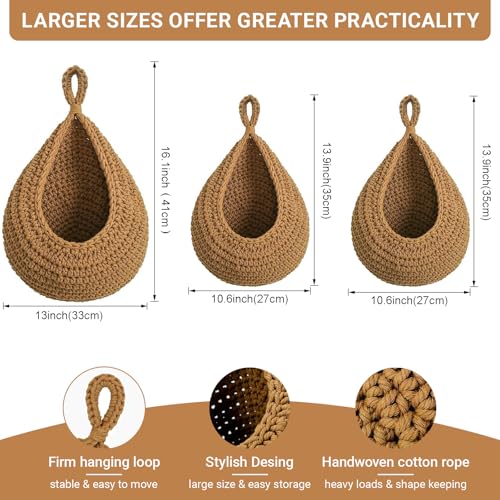 Halidali Hanging Fruit Baskets for Kitchen 3 Pack Boho Cotton Rope Handwoven Vegetable Storage Wall Mounted Large Organizing Basket for Farmhouse Decor Onion Potato Garlic and Plants Caramel - Image 3