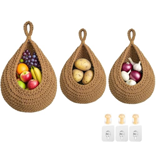 Halidali Hanging Fruit Baskets for Kitchen 3 Pack Boho Cotton Rope Handwoven Vegetable Storage Wall Mounted Large Organizing Basket for Farmhouse Decor Onion Potato Garlic and Plants Caramel - Image 1