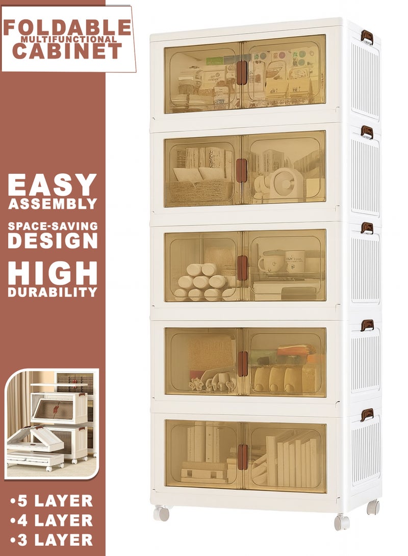 توشونكس خزانة رفوف تخزين قابلة للطي - منظم رفوف متعدد الطبقات قابل للطي مع عجلات وأبواب شفافة وخزانة تخزين شديدة التحمل للمنزل والمطبخ والمكتب وغرفة النوم والحمام وخزانة الملابس والخزانة ورف العرض - متوفرة بثلاث وأربع وخمس طبقات بأحجام متعددة - Image 1