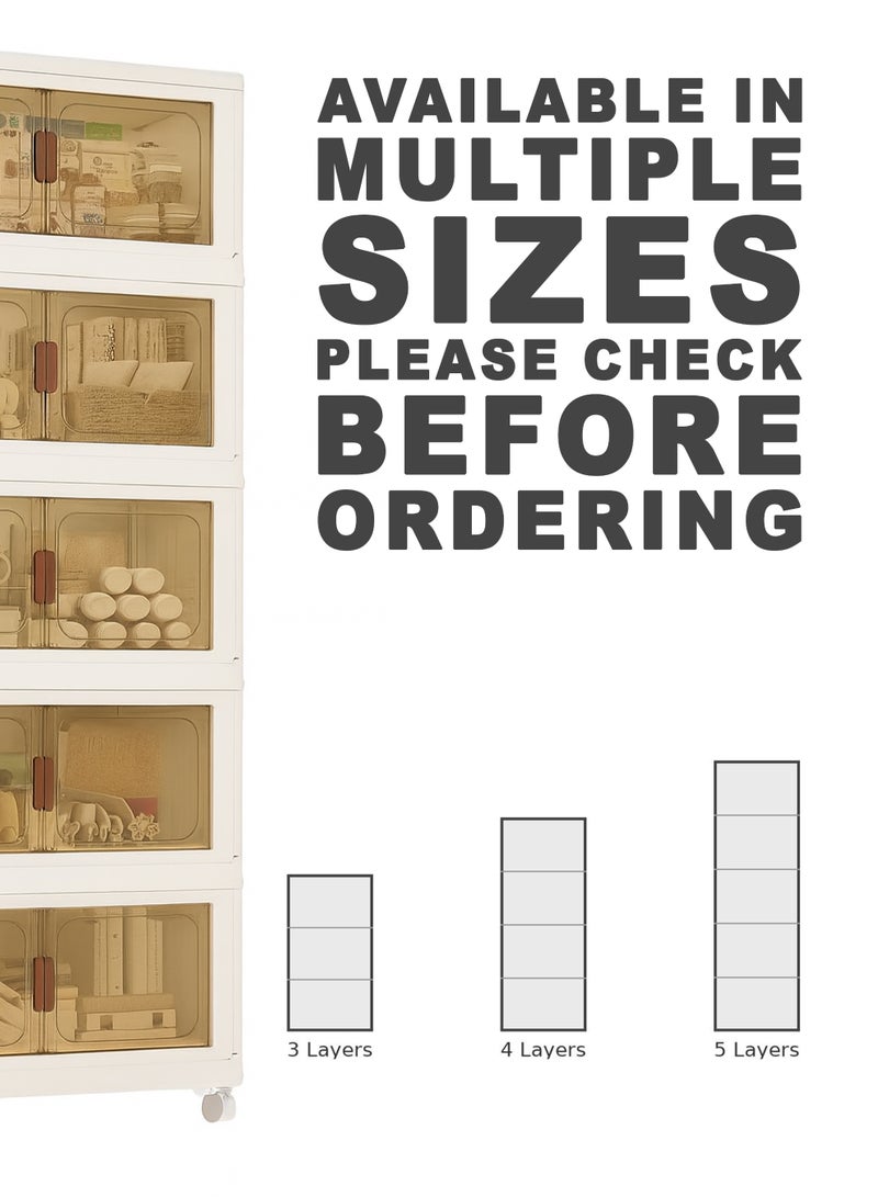 توشونكس خزانة رفوف تخزين قابلة للطي - منظم رفوف متعدد الطبقات قابل للطي مع عجلات وأبواب شفافة وخزانة تخزين شديدة التحمل للمنزل والمطبخ والمكتب وغرفة النوم والحمام وخزانة الملابس والخزانة ورف العرض - متوفرة بثلاث وأربع وخمس طبقات بأحجام متعددة - Image 4