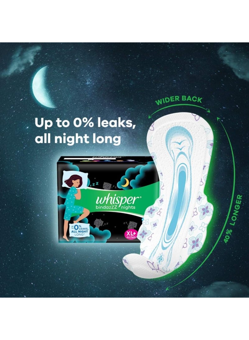 وسبير فوط صحية WHISPER Bindazz Nights، 44 وسادة مقاس XL+، تسرب حتى 0% طوال الليل، من أجل تدفق كثيف، ظهر أطول وأعرض بنسبة 40%، أجنحة ناعمة ومريحة، غلاف يمكن التخلص منه - Image 2