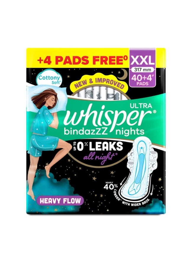 WHISPER Bindazz Nights Sanitary Pads , 40+4 XXL PADS, UPTO 0% LEAKS ALL NIGHT LONG, FOR HEAVY FLOW, 40% LONGER & WIDER BACK, COMFORTABLE CUSHIONY SOFT WINGS, DISPOSABLE WRAPPER - Image 1