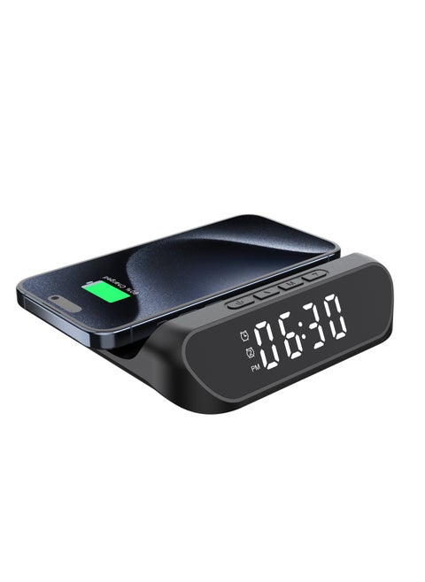 Alarm Clock with Fast Wireless Charging Station for iPhone 16/15/14/13/12 All Series  & Samsung/Huawei/Xiaomi（Black）