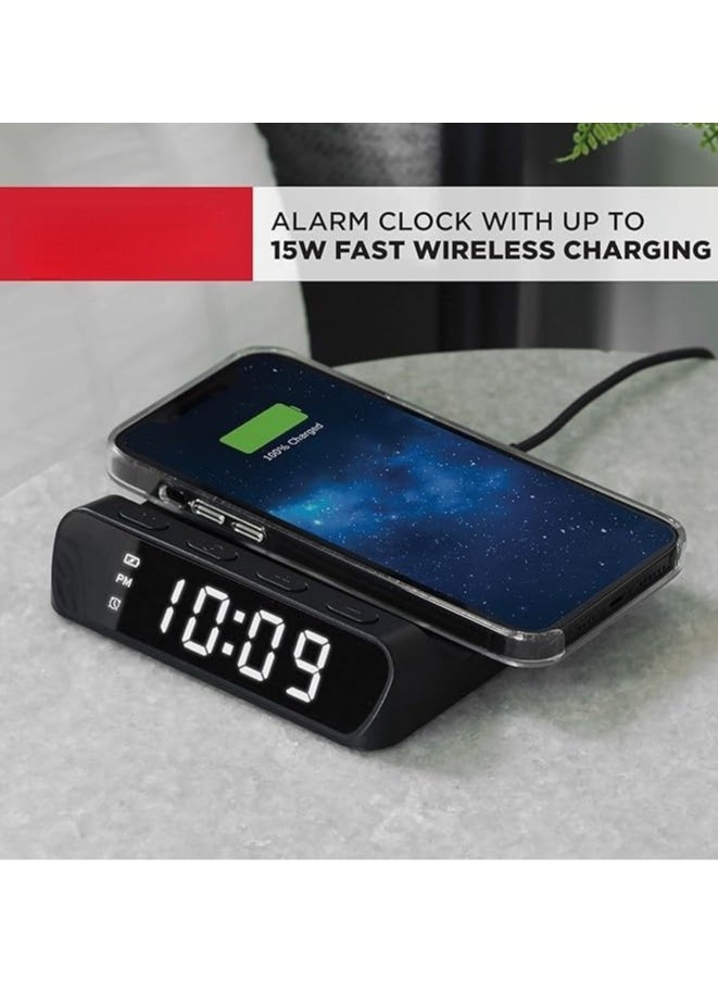 Alarm Clock with Fast Wireless Charging Station for iPhone 16/15/14/13/12 All Series  & Samsung/Huawei/Xiaomi（Black）