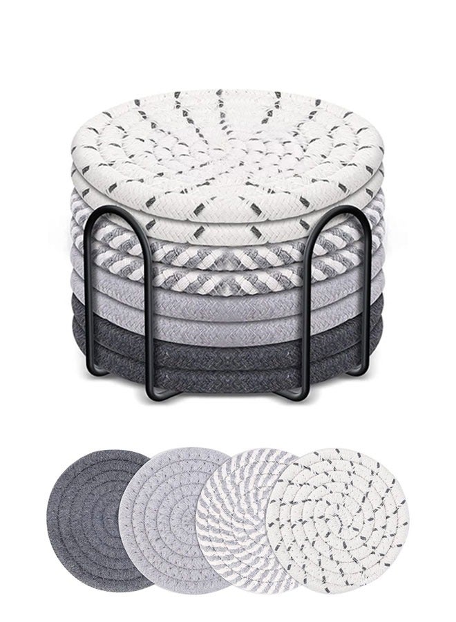 8 PCS COASTERS FOR DRINKS, 11CM ABSORBENT COASTERS WITH HOLDER, COTTON WOVEN DRINK COASTERS, BRAIDED COASTERS HEAT-RESISTANT FOR HOME DECOR TABLETOP PROTECTION SUITABLE FOR KINDS OF CUPS