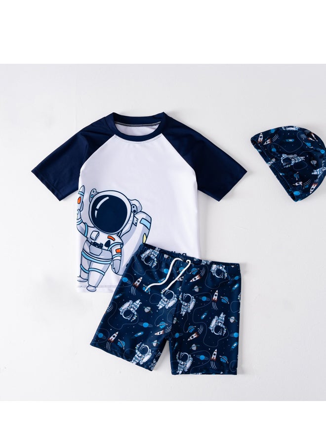 Three Piece Kids Swimsuit with Cap Set Boys Cartoon Print Swimwear Children Beachwear Bathing Suit for Summer  - Image 1