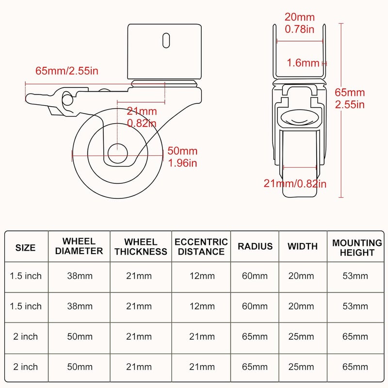 CPROSP 4 Movable Wheels with Brake Swivel Rubber U Wheels Diameter 50 mm Wheels for Trolley Plate Opening 20 mm with Brake Bearings 75 kg for Shelves Small Flower Swivel Wheels - Image 2