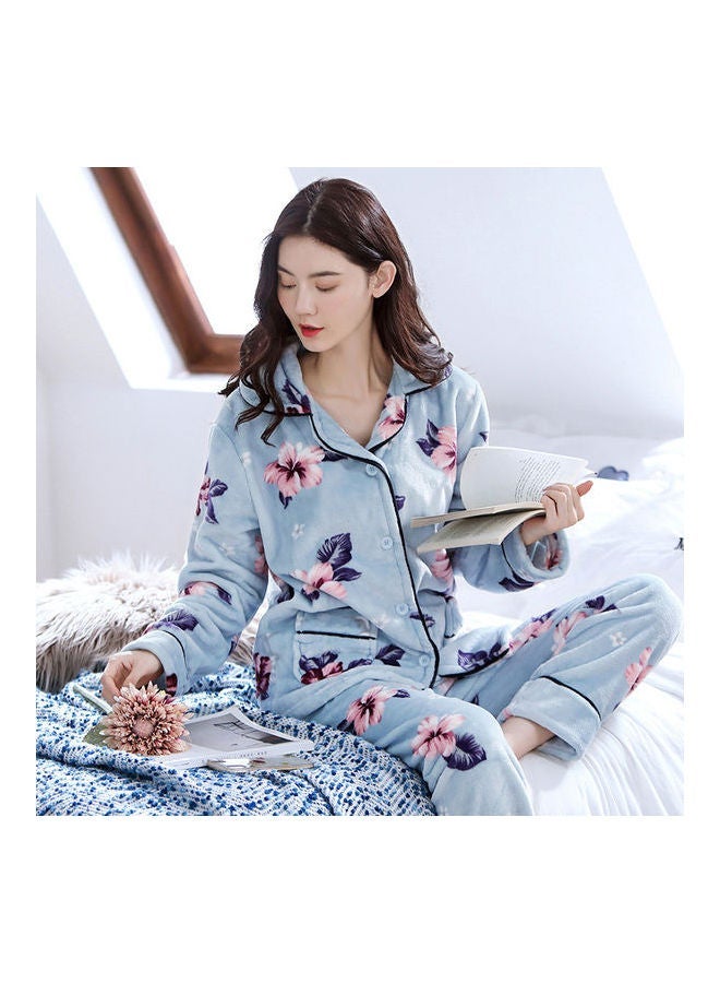 NIBEMINENT 2-Piece Floral Printed Pyjama Set Blue/Pink - Image 3