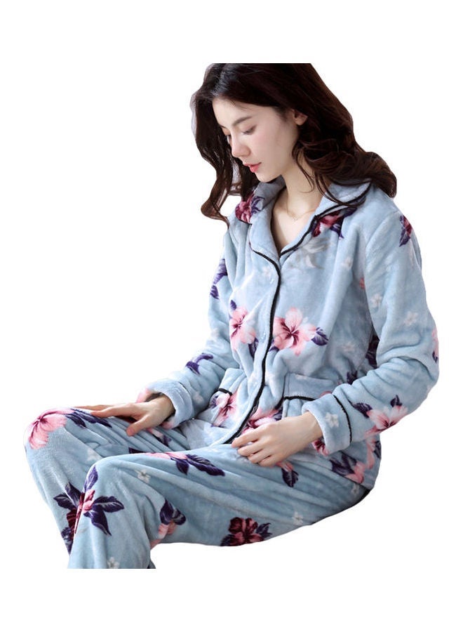 NIBEMINENT 2-Piece Floral Printed Pyjama Set Blue/Pink - Image 2