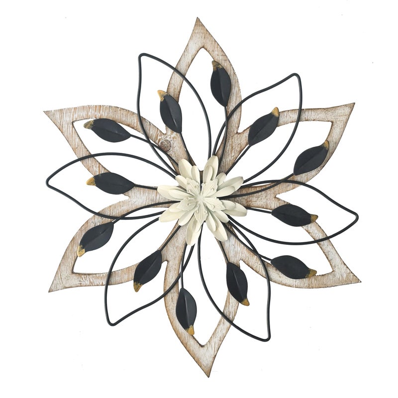 Remenna Metal Flowers Wall Decor, Metal Rustic Wall Art Decoration Farmhouse Wall Decorations Multiple Floral Hanging Decor for Bathroom Living Room Home Office Garden Kitchen (Whitewash) - Image 1