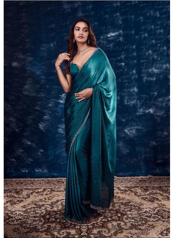 YASHIKA Yashika Women's Hot Fix Solid Color Satin Moss Saree With Unstitched Blouse Material (AZ-YS-OG-CHINTU RAMA) - Image 2