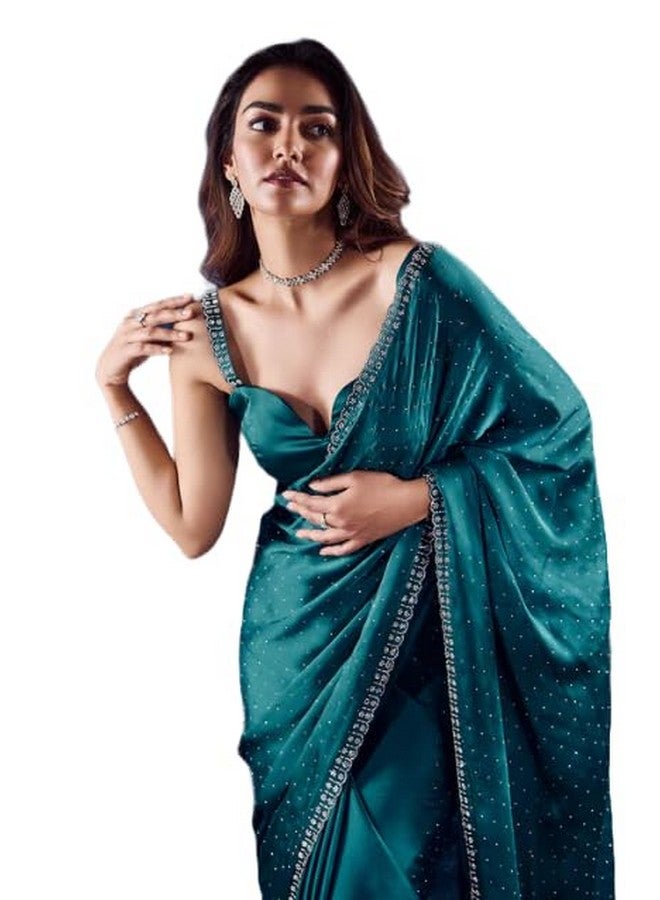 YASHIKA Yashika Women's Hot Fix Solid Color Satin Moss Saree With Unstitched Blouse Material (AZ-YS-OG-CHINTU RAMA) - Image 1