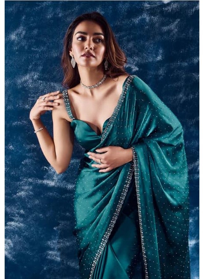 YASHIKA Yashika Women's Hot Fix Solid Color Satin Moss Saree With Unstitched Blouse Material (AZ-YS-OG-CHINTU RAMA) - Image 4