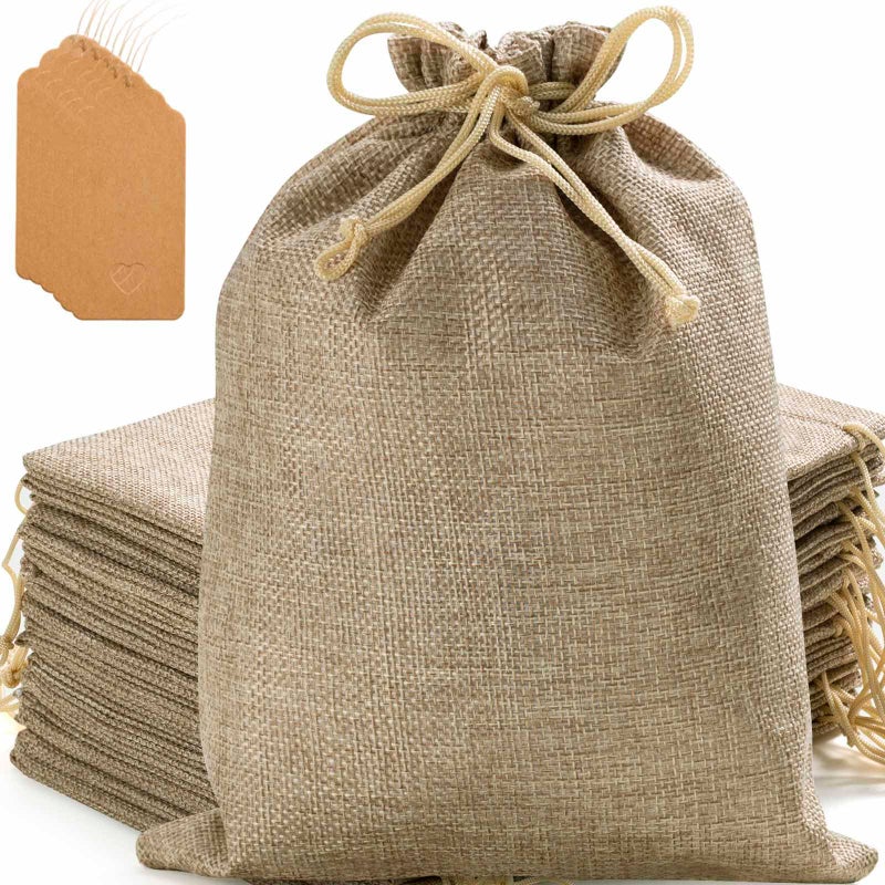 Homum 25 Pcs 7x9 Inch Burlap Gift Bags with Drawstring and Gift Tags, Burlap Jute Bags for Party, Christmas, DIY Craft - Image 1