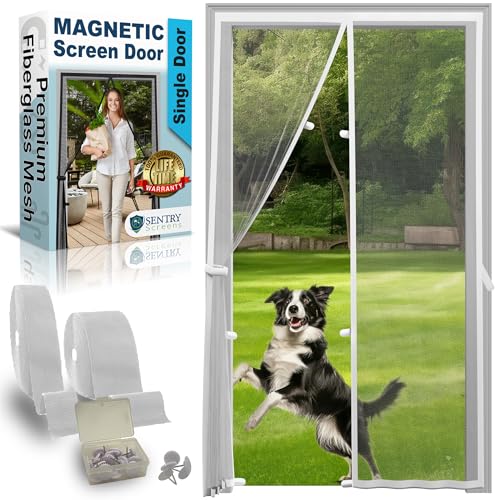 Sentry Screens Fiberglass Mesh Magnetic Screen Door – Heavy Duty Self-Closing Hanging Door Net Screen with Magnet Closures – Fits Doors Up to 34"x82" – White – by Sentry Screens - Image 1