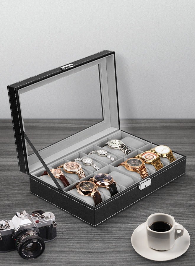 HomarKet Watch Box, Watch Box Organizer for Men Watch Case Watch Holder - 12 Slot Watch Display PU Leather Real Glass Lid Watch Storage Jewelry Organization for Men and Women Perfect Birthday Gifts - Image 1
