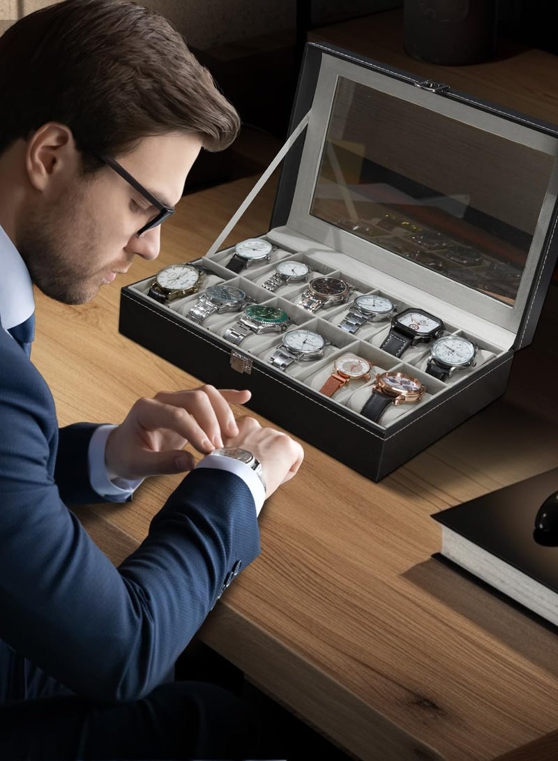HomarKet Watch Box, Watch Box Organizer for Men Watch Case Watch Holder - 12 Slot Watch Display PU Leather Real Glass Lid Watch Storage Jewelry Organization for Men and Women Perfect Birthday Gifts - Image 4