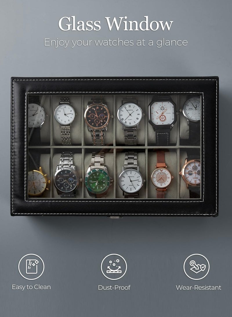 HomarKet Watch Box, Watch Box Organizer for Men Watch Case Watch Holder - 12 Slot Watch Display PU Leather Real Glass Lid Watch Storage Jewelry Organization for Men and Women Perfect Birthday Gifts - Image 2