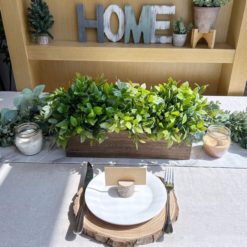 Winlyn Winlyn 14"" Artificial Boxwood Plants in Rectangular Wood Planter Farmhouse Greenery Arrangement Centerpiece Faux Potted Herb Plant for Wedding Dining Room Table Kitchen Windowsill Mantel Shelf D?cor  - Image 5