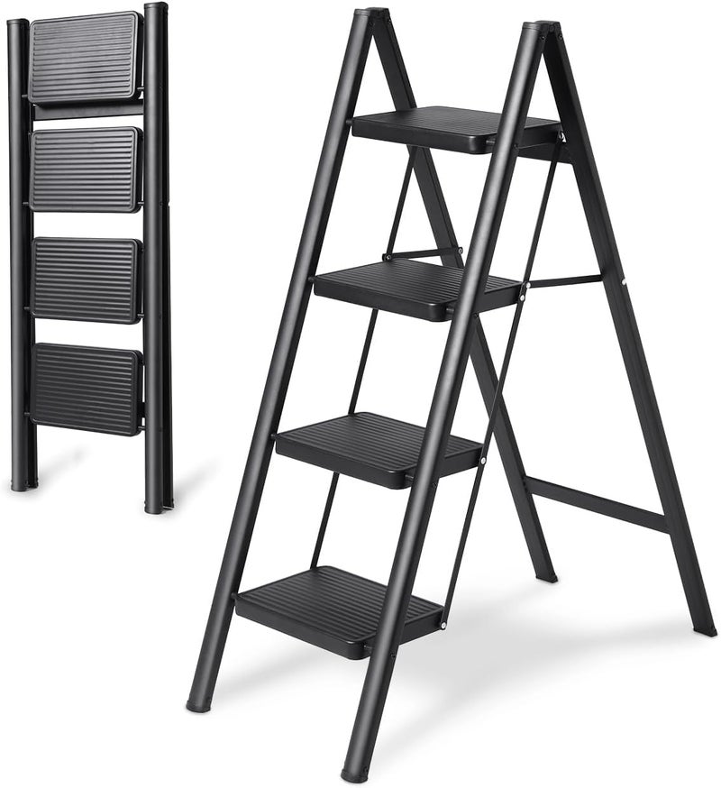 EETU 4 Step Ladder,Multipurpose Step Ladder,Folding Ladder with Wide Anti-Slip Pedal,Step Stool,Portable Lightweight Foldable Stepladder for Home Kitchen Library Office Holds up to 150 KG (4 STEPS) - Image 1