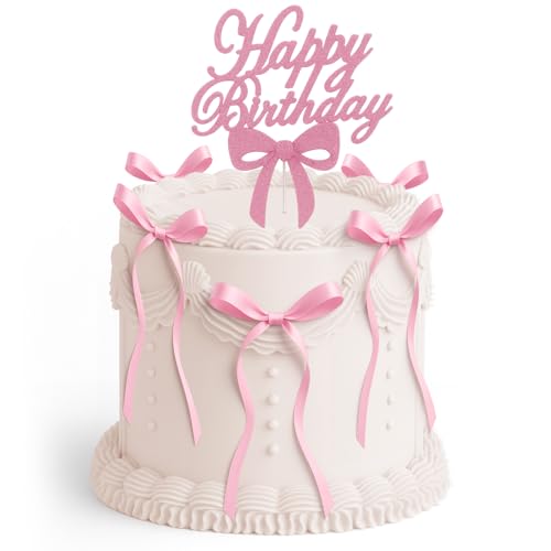Solldgt Bow Cake Topper Pink Ribbon Bow Cake Topper with Happy Birthday Sign Pink Bow Coquette Birthday Decorations Vintage Cake Toppers Party Decor - Image 1