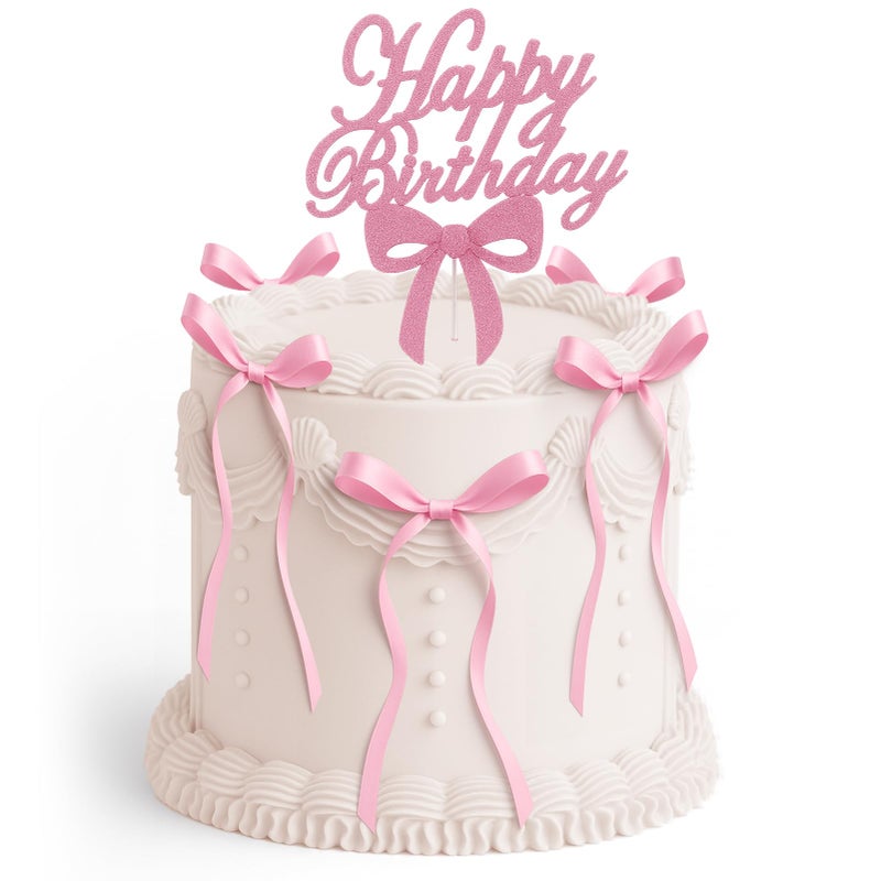 Solldgt Bow Cake Topper Pink Ribbon Bow Cake Topper with Happy Birthday Sign Pink Bow Coquette Birthday Decorations Vintage Cake Toppers Party Decor - Image 2