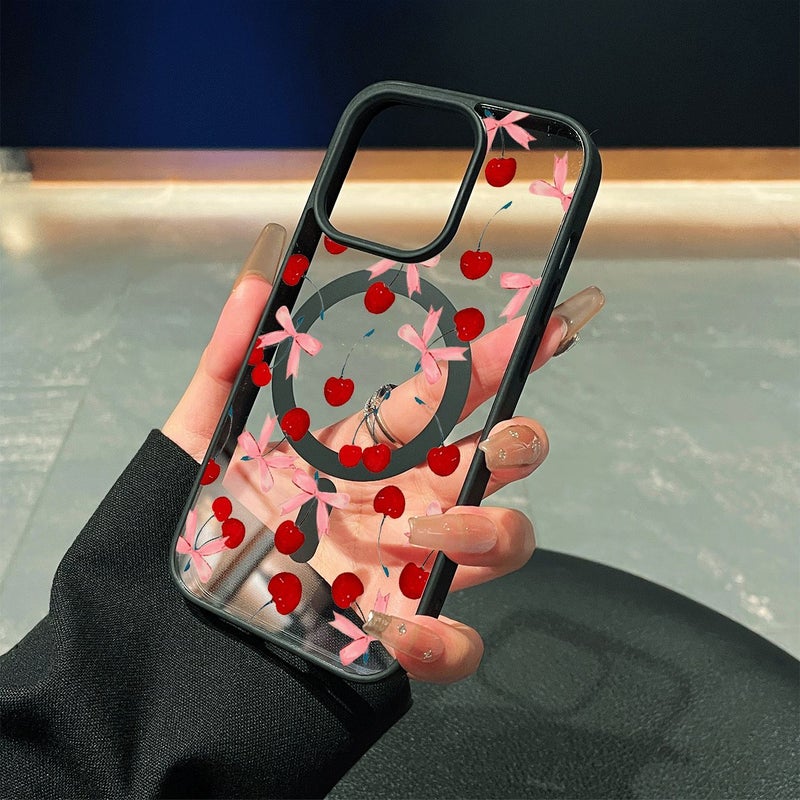 Phone Case For iPhone 17 Air Multicolor 6 Cherry Bow Print Transparent Back With Black Border Full Coverage Drop Proof Soft Edge Hard Back Thin Scratch Resistant Anti Fingerprint - Image 2