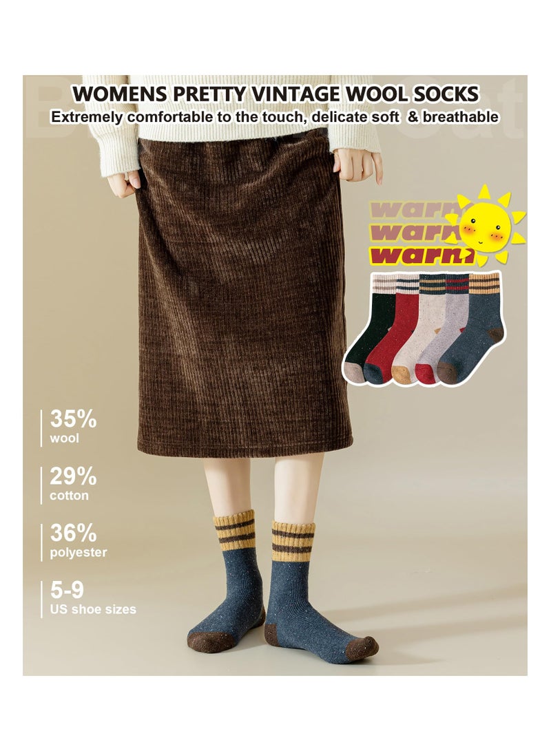 Thick Wool Socks Classic Vintage Fashion Knit Hiking Crew Soft and Comfortable Warm Winter Socks Gifts for Women 5 Pairs Per Pack