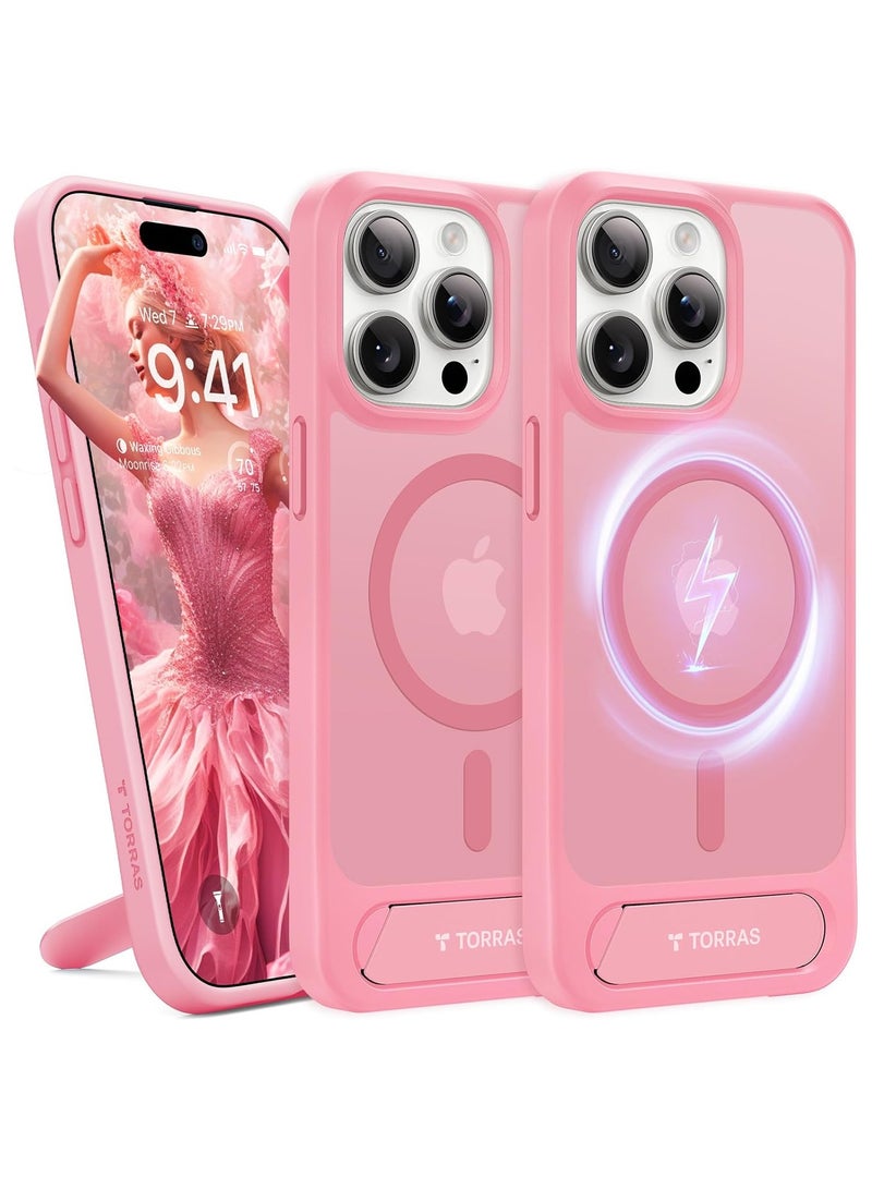 TORRAS Upgraded Magnetic & Stand for iPhone 15 Pro Case [Mil-Grade Drop Tested] [Compatible with MagSafe] Slim Thin Light Frosted Case for iPhone 15Pro Case Professional (6.1"), Pink Pink - Image 1