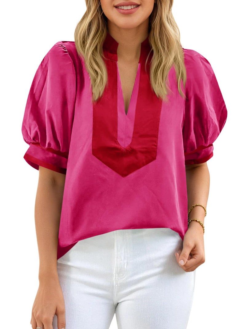 Cicy Bell Womens Color Block Puff Sleeve Blouses Summer Casual Dressy V Neck Tops Loose Fit Tee Shirts Rose Red - Image 1