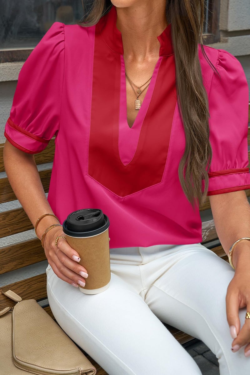 Cicy Bell Womens Color Block Puff Sleeve Blouses Summer Casual Dressy V Neck Tops Loose Fit Tee Shirts Rose Red - Image 2
