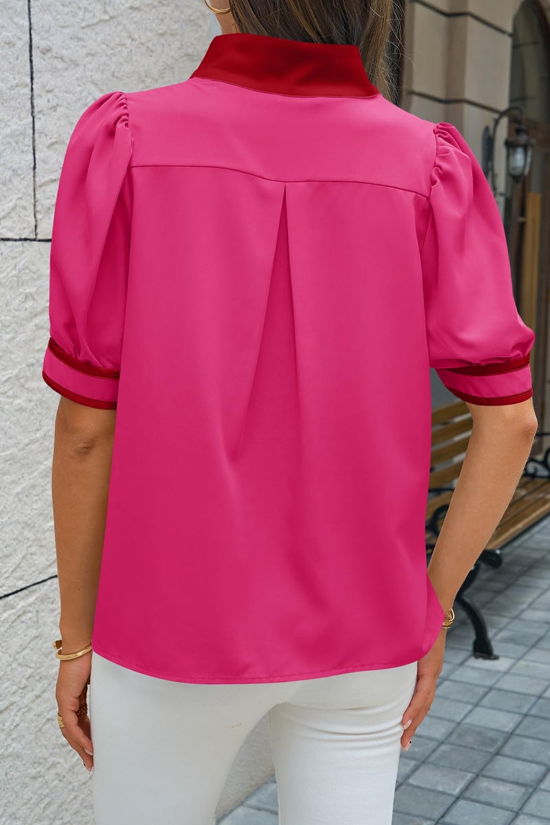Cicy Bell Womens Color Block Puff Sleeve Blouses Summer Casual Dressy V Neck Tops Loose Fit Tee Shirts Rose Red - Image 4