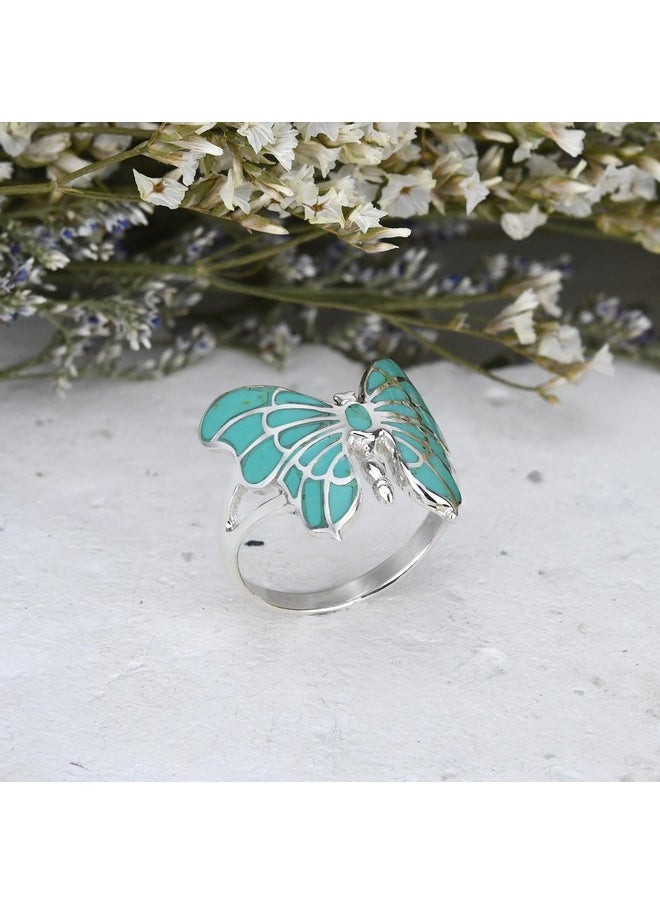 AeraVida Exotic Graceful Butterfly Simulated Green Turquoise Inlay .925 Sterling Silver Ring | Elegant Wedding Rings For Women | Casual Comfort Fit Silver Rings For Women | Gift For Women (8)  - Image 2