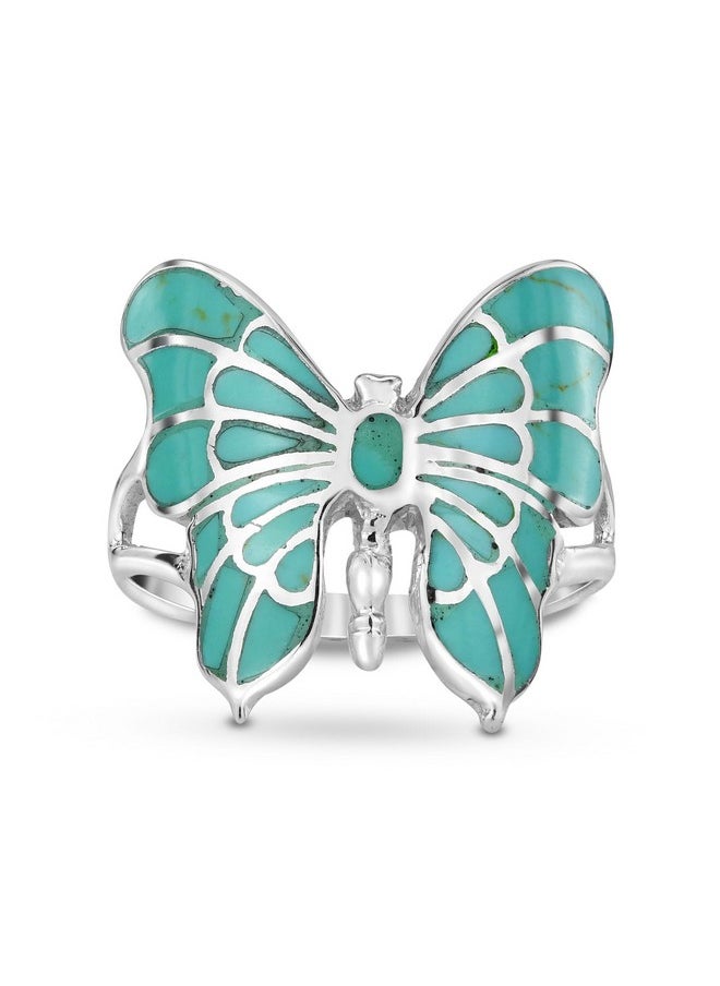 AeraVida Exotic Graceful Butterfly Simulated Green Turquoise Inlay .925 Sterling Silver Ring | Elegant Wedding Rings For Women | Casual Comfort Fit Silver Rings For Women | Gift For Women (8)  - Image 1